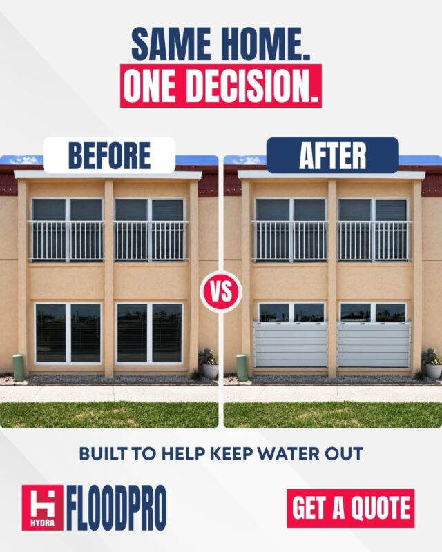 Same home. Smarter protection.
A clean, removable flood barrier system designed to help protect your property before hurricane season hits.

Don’t wait for the water to reach your door.

Get your quote today.

#hydrafloodpro #floodprotection #hurricaneseason #stormready
